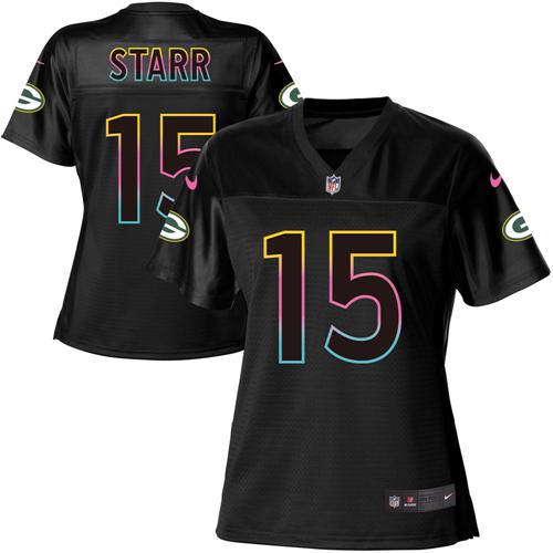 Nike Packers #15 Bart Starr Black Women's NFL Fashion Game Jersey - Click Image to Close